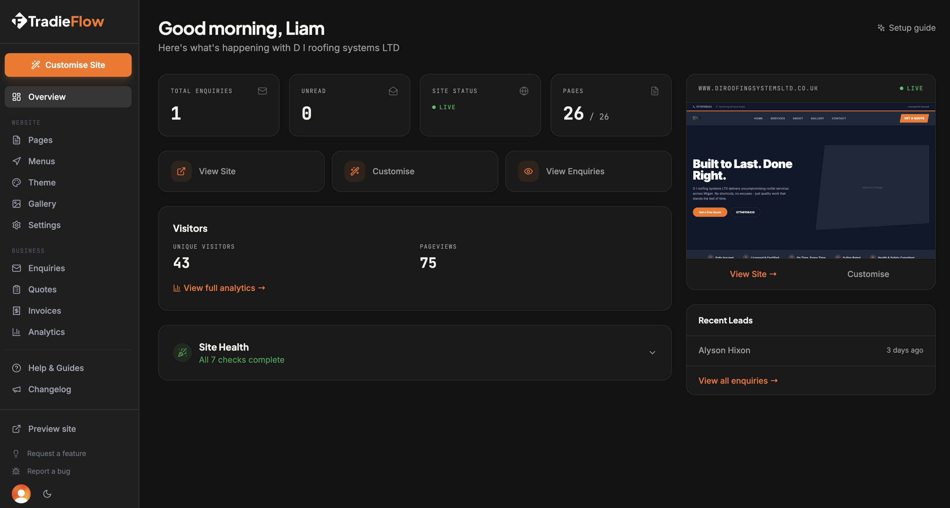 TradieFlow dashboard showing site overview, enquiries, visitors and a live site preview